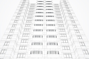 Abstract linear building project on white background. Architecture, construction and blueprint concept. 3D Rendering.