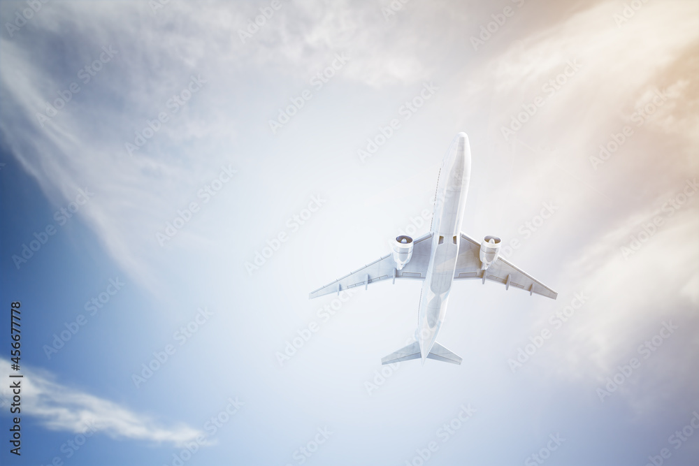 Poster Bottom view of airplane flying on bright sky background with clouds and mock up place. Transportation and airline concept. 3D Rendering.