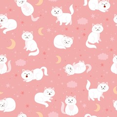 Cats pattern with moon, stars and clouds. Cute white cat character in cartoon style, vector illustration