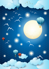 Fantasy sky with full moon, birds, balloon and lights. Paper art. Vector illustration eps10