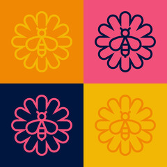Pop art line Bee on flower icon isolated on color background. Sweet natural food. Honeybee or apis with wings symbol. Flying insect. Vector