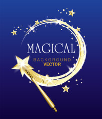 golden magic wand with star on night background.