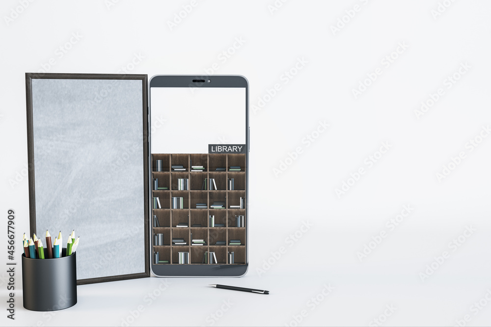 Poster Abstract smart phone with online library on white background with mock up place. Digital education and knowledge concept. 3D Rendering.