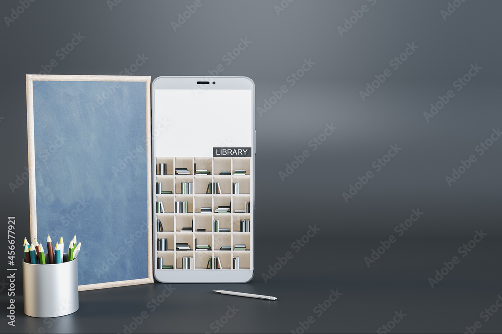 Aufkleber Abstract smartphone with online library on gray background with mock up place. Digital education and knowledge concept. 3D Rendering.