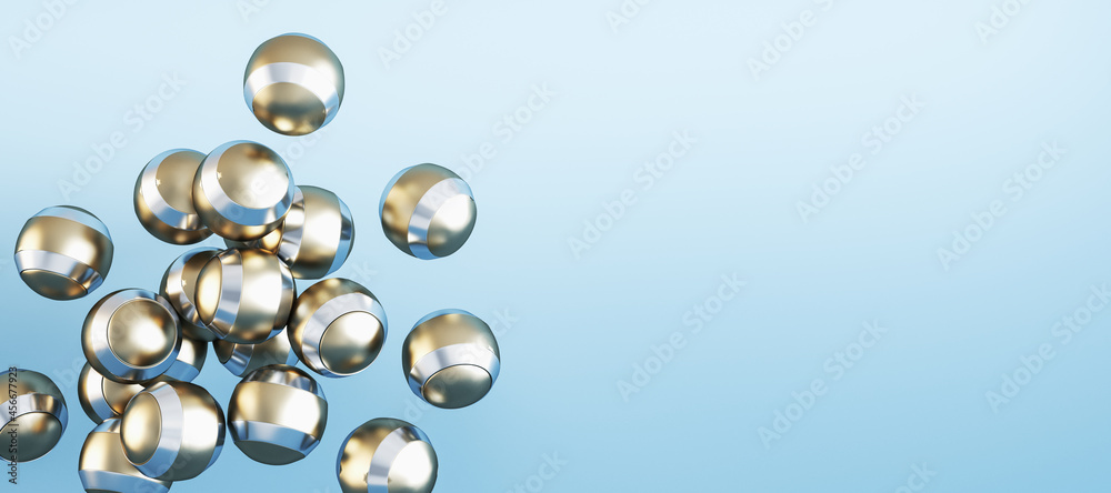 Poster Creative wide image of shiny metal golden balls on grey background with mock up place. Design concept. 3D Rendering.