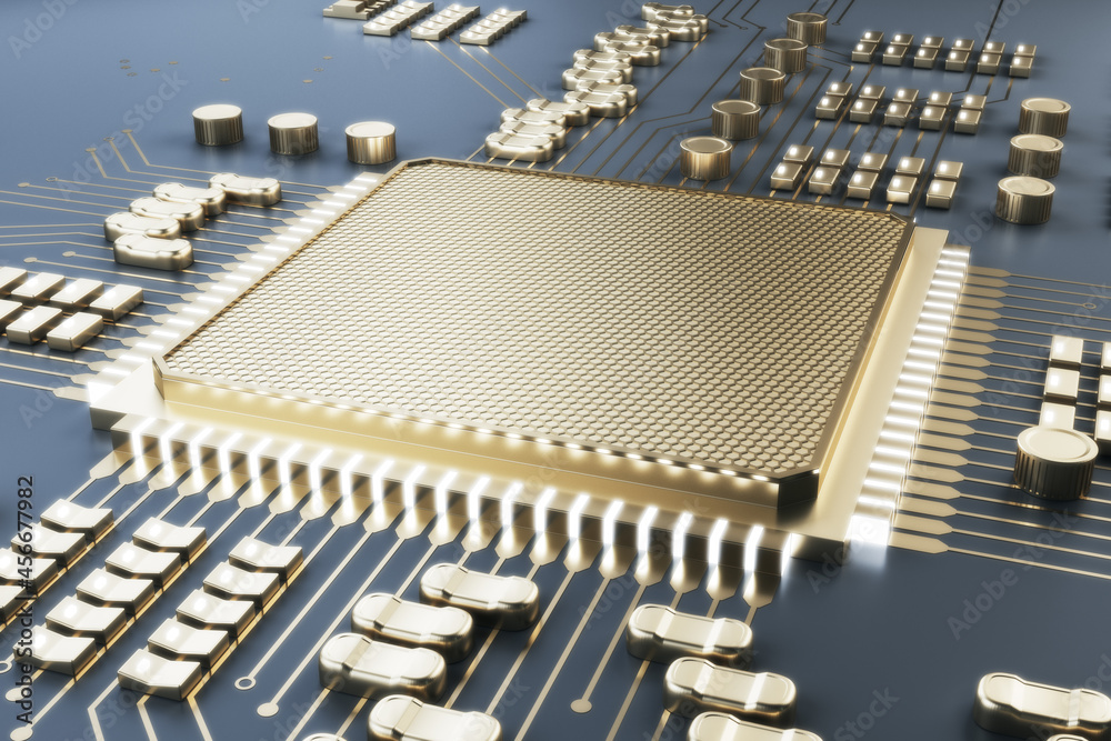 Poster creative golden chip backdrop. circuit, technology and hardware concept. 3d rendering.