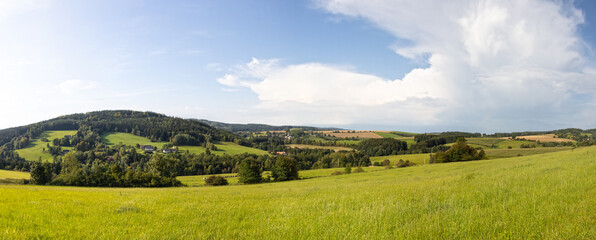 Panorama of summer landscape under blue sky