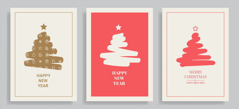 Set of winter holidays greeting cards with decorative Christmas trees. Merry Christmas and Happy New Year. Elegant template for postcards, invitations, posters, banners. Vector illustration.
