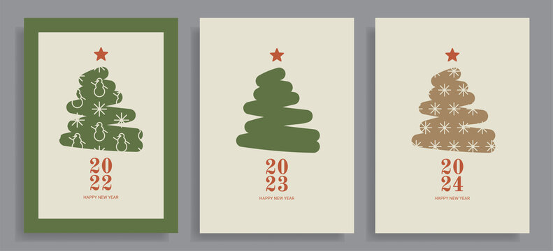 Set of winter holidays greeting cards with decorative Christmas trees. Merry Christmas and Happy New Year. Elegant template for postcards, invitations, posters, banners. Vector illustration.