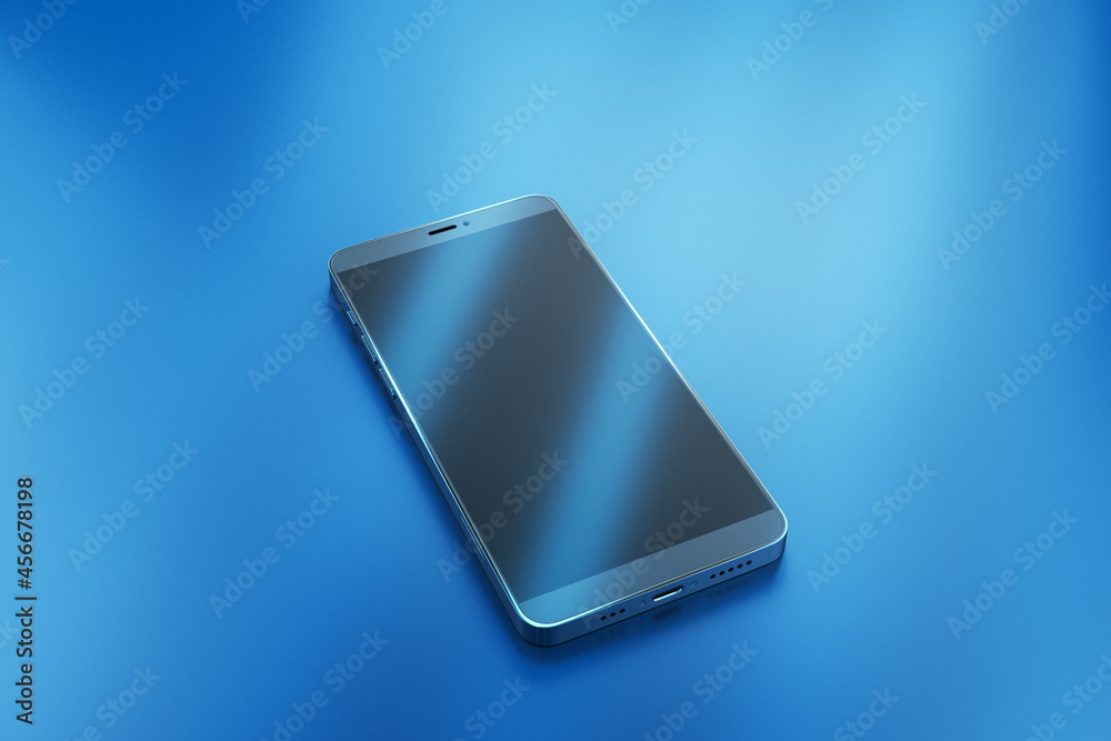 Poster Empty smartphone with reflections on blue background. Technology and device concept. 3D Rendering.