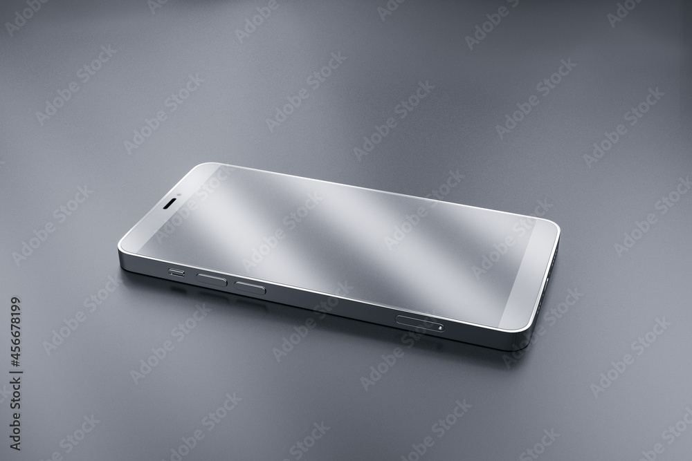 Poster Empty mobile phone with reflections on gray background. Technology and device concept. 3D Rendering.