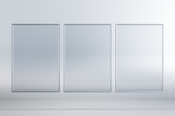Empty three rectangular glass frame posters on white background. Mock up, 3D Rendering.