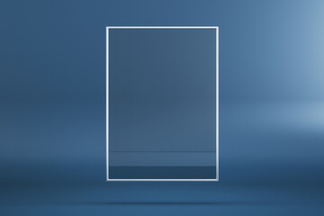 Blank rectangular glass frame banner on blue background. Mock up, 3D Rendering.