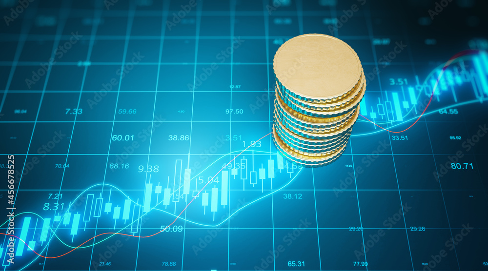 Poster Top view of empty golden mock up coins stack on blue grid background with forex chart. Finance and trade concept. 3D Rendering.