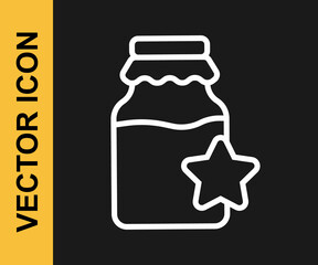 White line Jar of honey icon isolated on black background. Food bank. Sweet natural food symbol. Vector