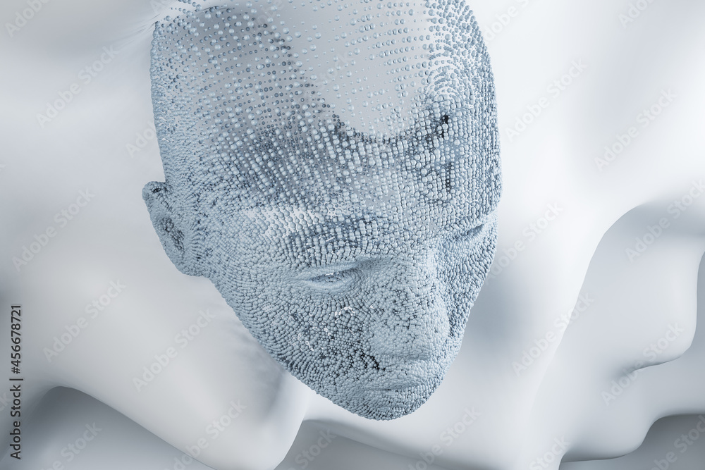Poster close up of abstract white human head on wavy background. future, robotics and artificial intelligen