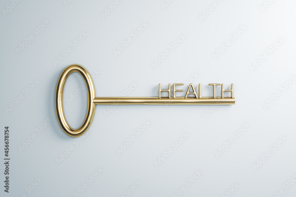 Poster close up of golden key to health on white background. creative concept. 3d rendering.