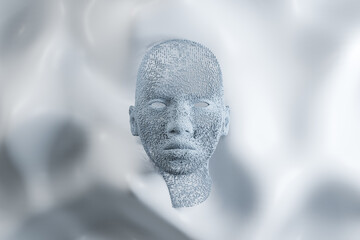 Obraz premium Abstract white human head on wavy background. Future, robotics and artificial intelligence background. 3D Rendering.