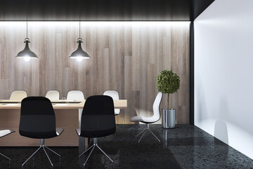 Contemporary concrete and wooden meeting room interior with table, computer, monitors, armchairs and decorative plant behind glass wall partition. 3D Rendering.