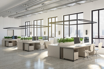 Spacious coworking office interior with equipment, wooden flooring, furniture, city view and sunlight. 3D Rendering.
