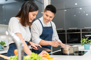 Asian Young couple cooking in kitchen at home