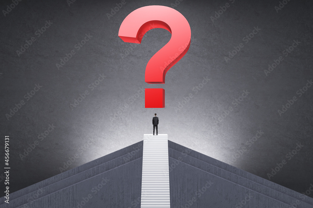 Aufkleber Back view of businessman on top of stairs with red question mark on concrete background. Future, solution and tomorrow concept.
