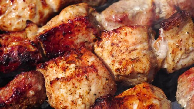 Barbecue Grilled pork kebabs meat lamb kebab marinated barbecue meat shashlik shish kebab outdoors picnic. Shashlik or Shish kebab popular in Eastern Europe and Russia. Close up.