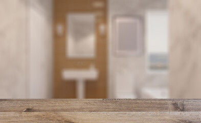 Background with empty table. Flooring. Clean and fresh bathroom with natural light. 3D rendering.. Mock