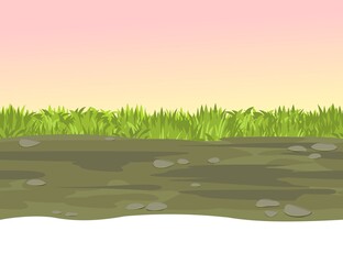 Seamless road. Horizontal border composition. Summer meadow landscape. Juicy grass. Rural rustic scenery. Cartoon design. Flat style art illustration vector