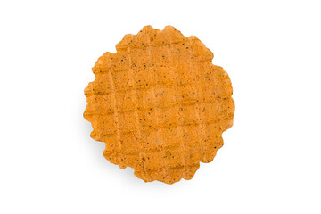 Round thin crispy salty waffle isolated on white background