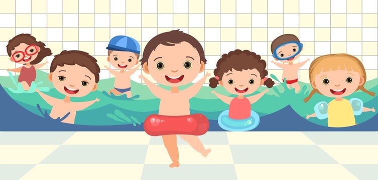 Children. Boys and girls. Have fun. Swimming pool with water waves. Wall with tiles. Swimming, diving and water sports. Illustration in cartoon style. Flat design. Vector art