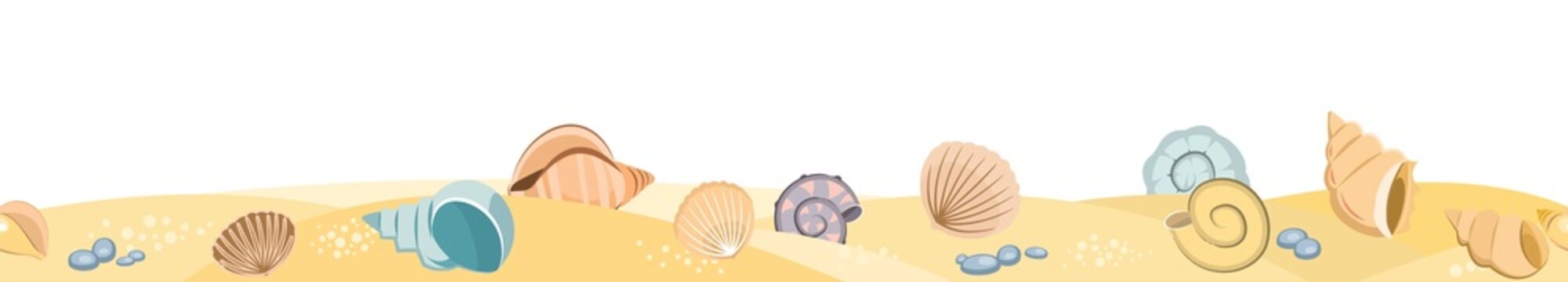 Frontal view of the seashore. Yellow sandy beach. Shellfish and snail shells. Close up View. The isolated object on a white background. Seamless Vector.