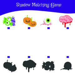 Shadow Matching game for Preschool Children. Halloween Edition. Preschool Education. Educational activity for preschool kids. Vector illustration. 