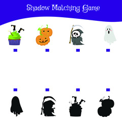 Shadow Matching game for Preschool Children. Halloween Edition. Preschool Education. Educational activity for preschool kids. Vector illustration. 