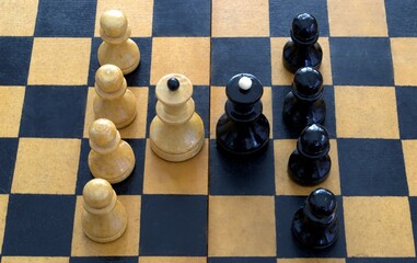 Pieces on a chessboard. Two queens are facing each other. There are pawns in a row behind the queens
