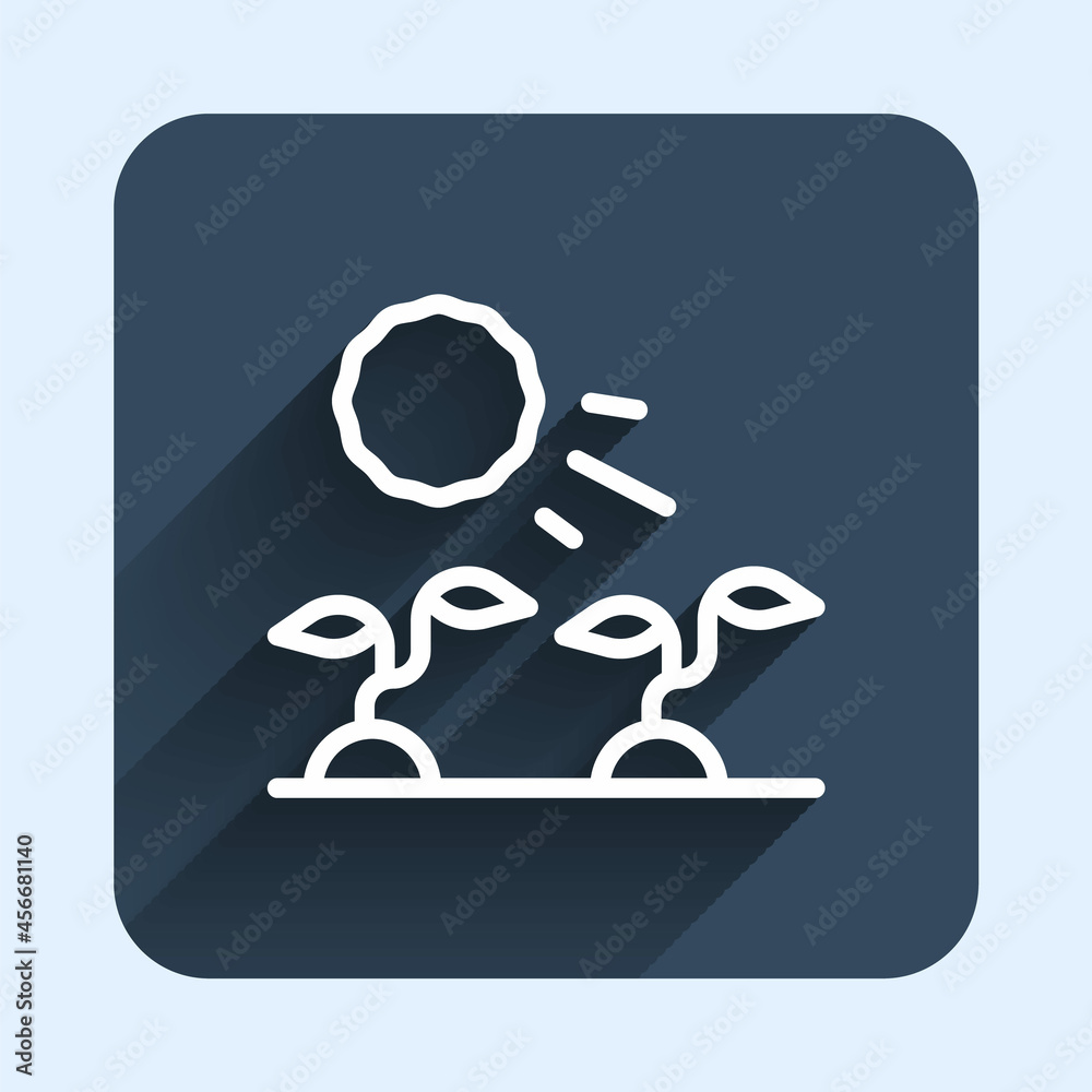 Sticker White line Plant sprouts grow in the sun icon isolated with long shadow background. Seedling concept. Blue square button. Vector