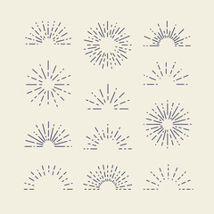 Set of Vintage Sunbursts in Different Shapes. Trendy Hand Drawn Retro Bursting Rays Design Elements. Hipster Vector illustration