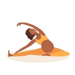Twisted Head-to-Knee Pose. Pregnant African American woman doing yoga. Woman in sportswear doing floor exercises at home. Women healthy life style concept. Prenatal Parivrtta Janu Sirsasana.