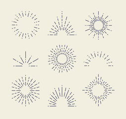 Set of Vintage Sunbursts in Different Shapes. Trendy Hand Drawn Retro Bursting Rays Design Elements. Hipster Vector illustration