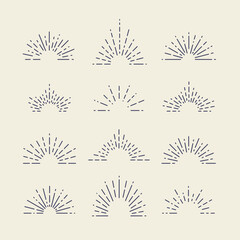 Set of Vintage Sunbursts in Different Shapes. Trendy Hand Drawn Retro Bursting Rays Design Elements. Hipster Vector illustration