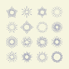 Set of Vintage Sunbursts in Different Shapes. Trendy Hand Drawn Retro Bursting Rays Design Elements. Hipster Vector illustration
