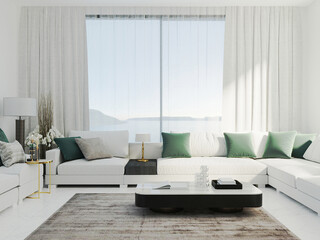Bright modern living room with white sofa and green pillows, luxury and elegant living room mock up, 3d rendering