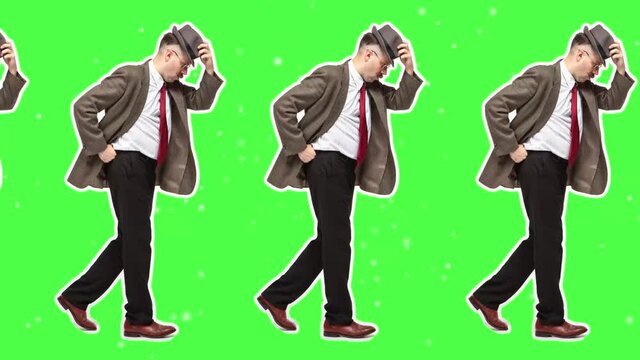 4K Minimal Animation Motion Design. Young Retro Man Dancing, Doing Moonwalk. Pop And Dance Mood. Businessman In Stop Motion, 2D, Modern, Conceptual, Contemporary Art Collage. Party, Business, Concept