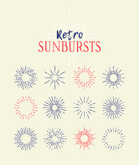 Set of Vintage Sunbursts in Different Shapes. Trendy Hand Drawn Retro Bursting Rays Design Elements. Hipster Vector illustration