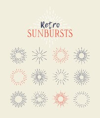 Set of Vintage Sunbursts in Different Shapes. Trendy Hand Drawn Retro Bursting Rays Design Elements. Hipster Vector illustration