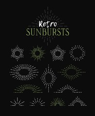 Set of Vintage Sunbursts in Different Shapes. Trendy Hand Drawn Retro Bursting Rays Design Elements. Hipster Vector illustration 