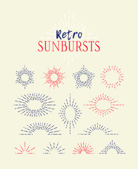 Set of Vintage Sunbursts in Different Shapes. Trendy Hand Drawn Retro Bursting Rays Design Elements. Hipster Vector illustration