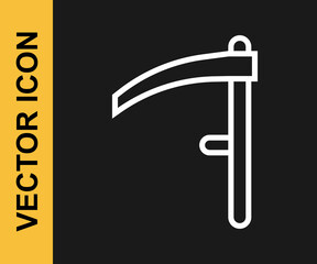 White line Scythe icon isolated on black background. Happy Halloween party. Vector