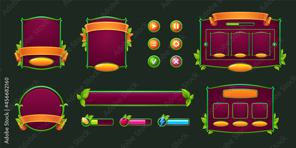 Poster game buttons and frames with green borders and leaves. design elements and assets with plants for us