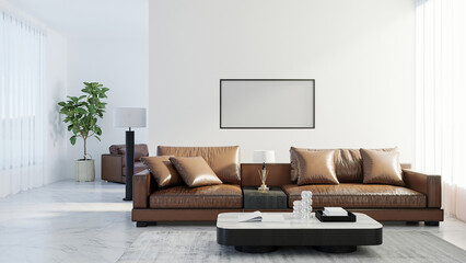 Blank horizontal poster frame mock up in scandinavian style living room interior, modern living room interior background, brown leather sofa, 3d rendering